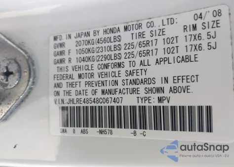 2008 Honda Cr-V Ex from USA, damaged, VIN JHLRE48548C067407